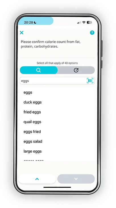 This image displays a smartphone screen where the user is prompted to "Please confirm calorie count from fat, protein, carbohydrates." The user is searching for food items related to eggs, and the options include "eggs," "duck eggs," "fried eggs," "quail eggs," "eggs fried," "eggs salad," and "large eggs." The interface has a search bar and allows the user to select multiple options from a list, which seems to be part of a food diary or calorie tracking app. The screen also shows a few navigation buttons at the bottom of the interface.