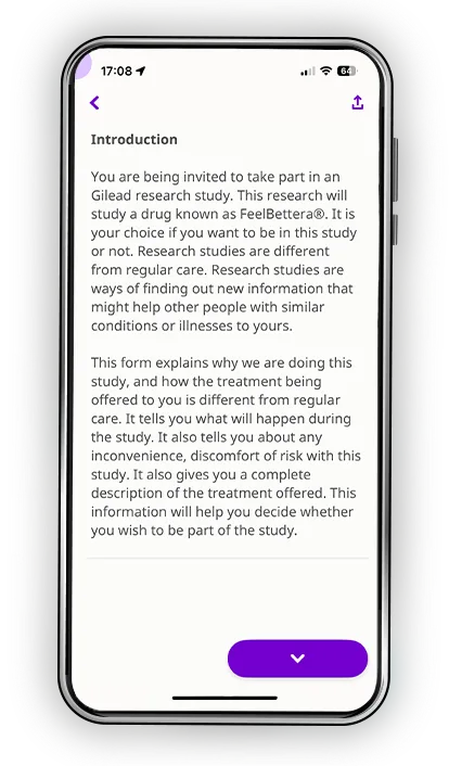 A mobile phone screen displaying the introduction section of an eConsent form for a Gilead research study. The text explains that participation in the study is voluntary and provides basic information about the research drug, FeelBettera®.