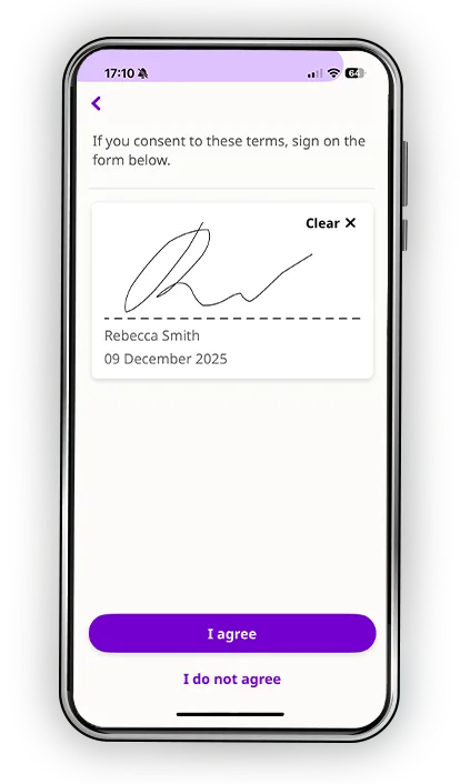 A mobile phone screen displaying a signature section for agreeing to the terms of the study. The participant has signed with a signature (Rebecca Smith) and the date is listed as 09 December 2025, with options to agree or not agree.